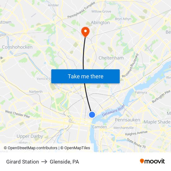 Girard Station to Glenside, PA map