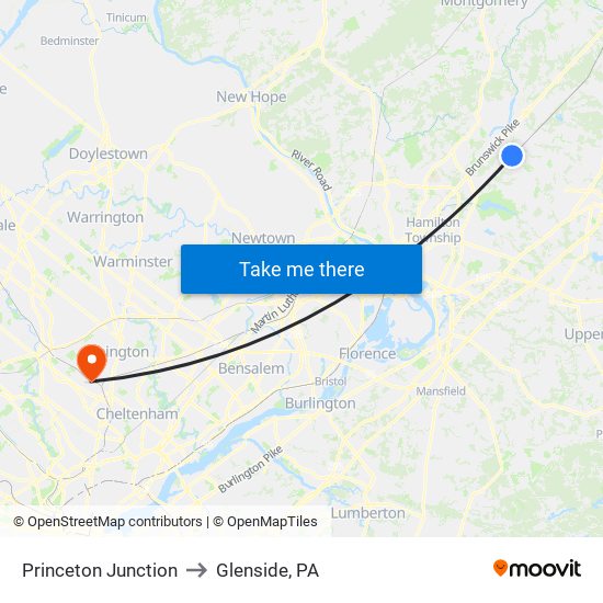 Princeton Junction to Glenside, PA map