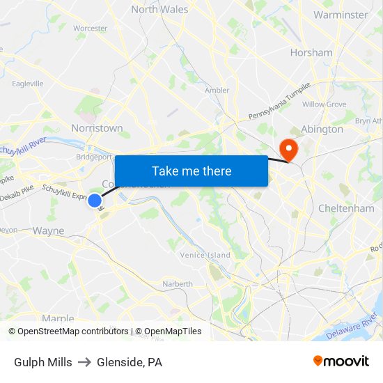 Gulph Mills to Glenside, PA map