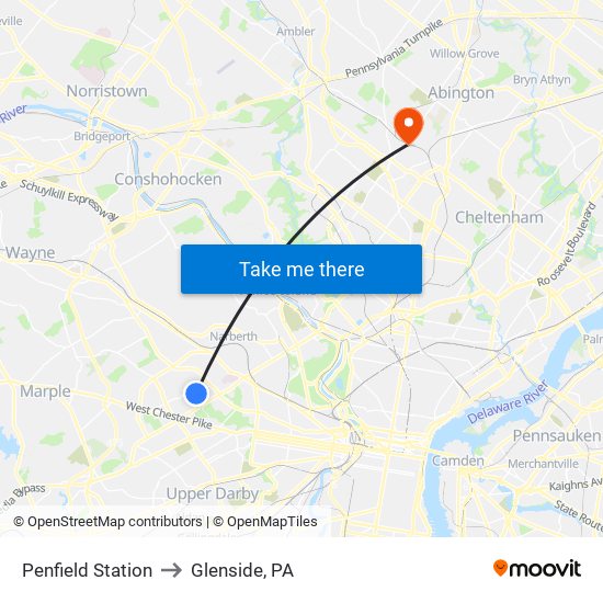 Penfield Station to Glenside, PA map