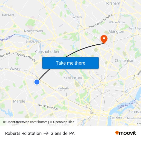 Roberts Rd Station to Glenside, PA map