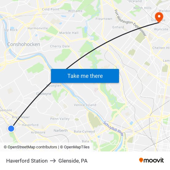 Haverford Station to Glenside, PA map