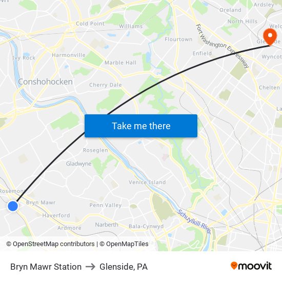 Bryn Mawr Station to Glenside, PA map