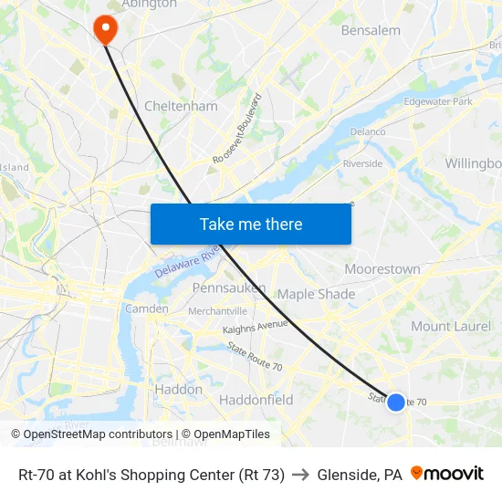 Rt-70 at Kohl's Shopping Center (Rt 73) to Glenside, PA map
