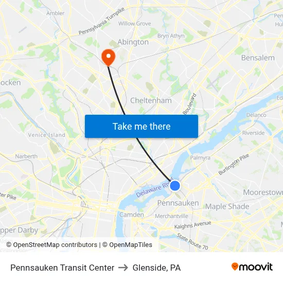 Pennsauken Transit Center to Glenside, PA map