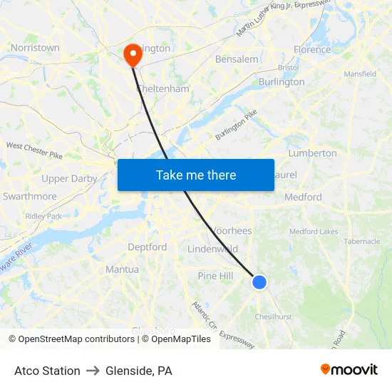 Atco Station to Glenside, PA map