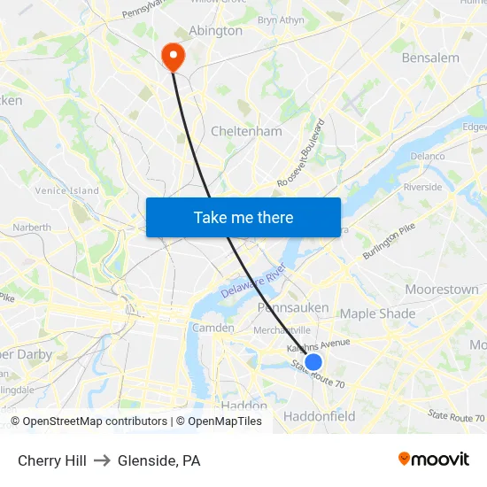 Cherry Hill to Glenside, PA map
