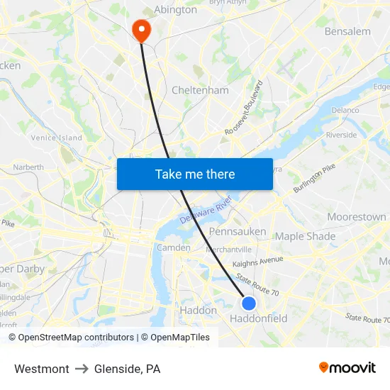 Westmont to Glenside, PA map