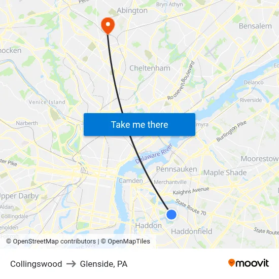 Collingswood to Glenside, PA map