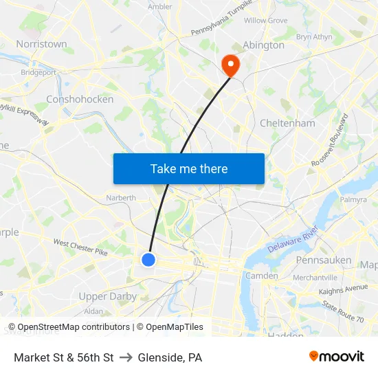 Market St & 56th St to Glenside, PA map