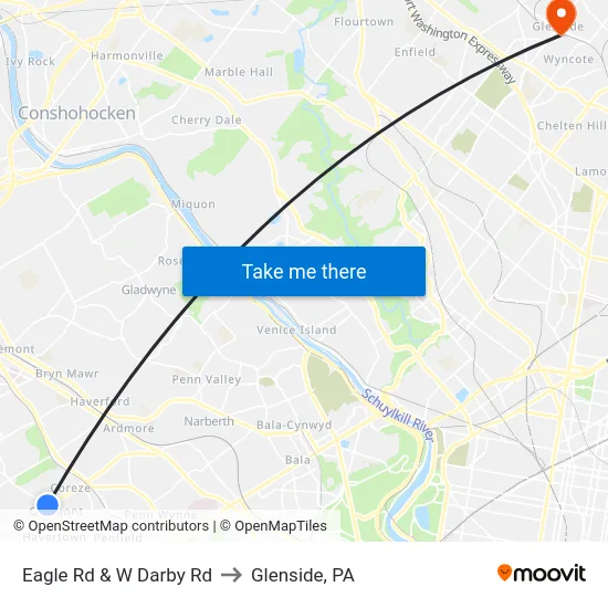 Eagle Rd & W Darby Rd to Glenside, PA map