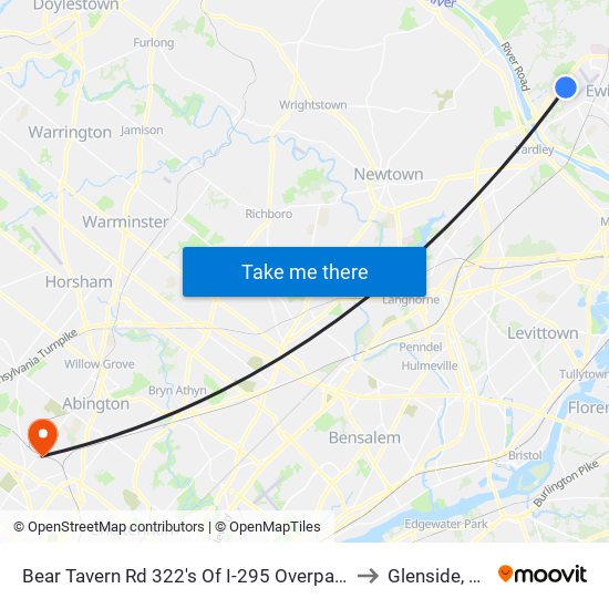 Bear Tavern Rd 322's Of I-295 Overpass to Glenside, PA map