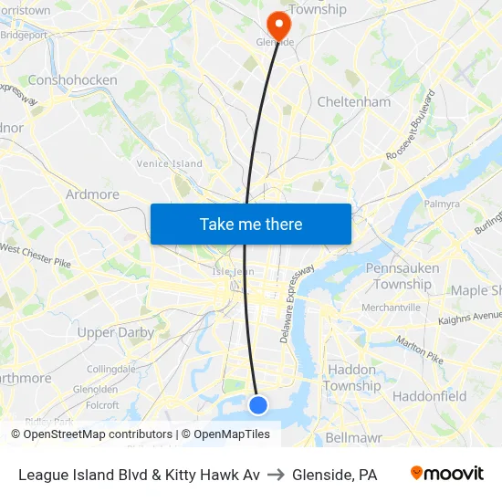 League Island Blvd & Kitty Hawk Av to Glenside, PA map