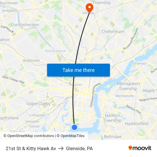 21st St & Kitty Hawk Av to Glenside, PA map