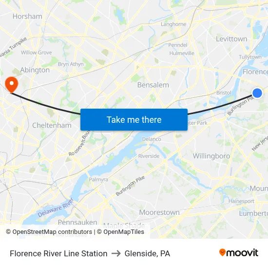 Florence River Line Station to Glenside, PA map