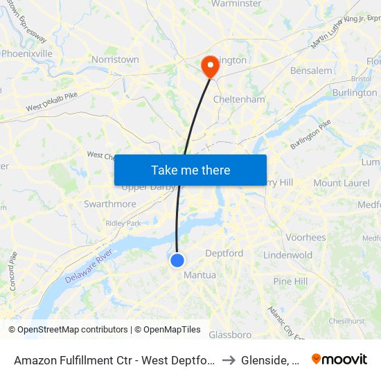 Amazon Fulfillment Ctr - West Deptford to Glenside, PA map
