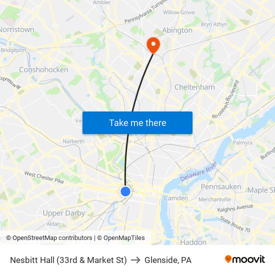 Nesbitt Hall (33rd & Market St) to Glenside, PA map