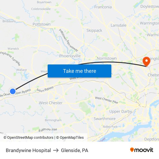 Brandywine Hospital to Glenside, PA map