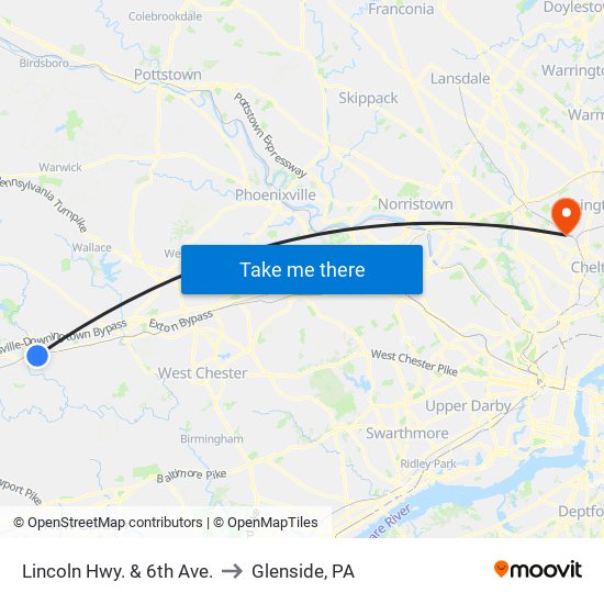 Lincoln Hwy. & 6th Ave. to Glenside, PA map