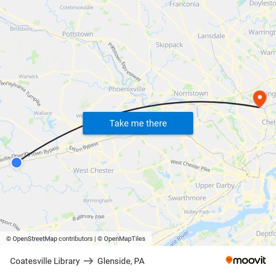 Coatesville Library to Glenside, PA map