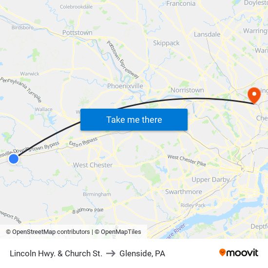 Lincoln Hwy. & Church St. to Glenside, PA map