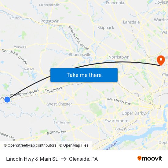 Lincoln Hwy & Main St. to Glenside, PA map