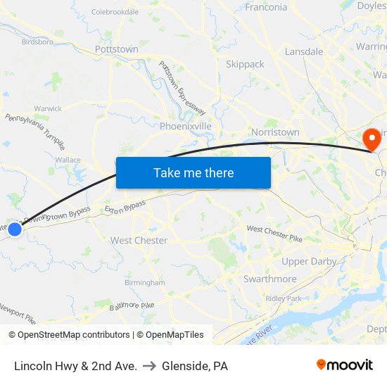 Lincoln Hwy & 2nd Ave. to Glenside, PA map