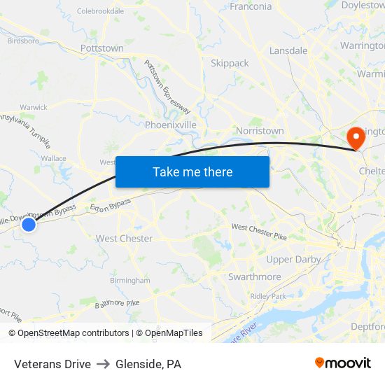 Veterans Drive to Glenside, PA map