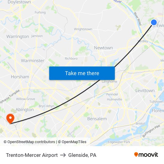 Trenton-Mercer Airport to Glenside, PA map