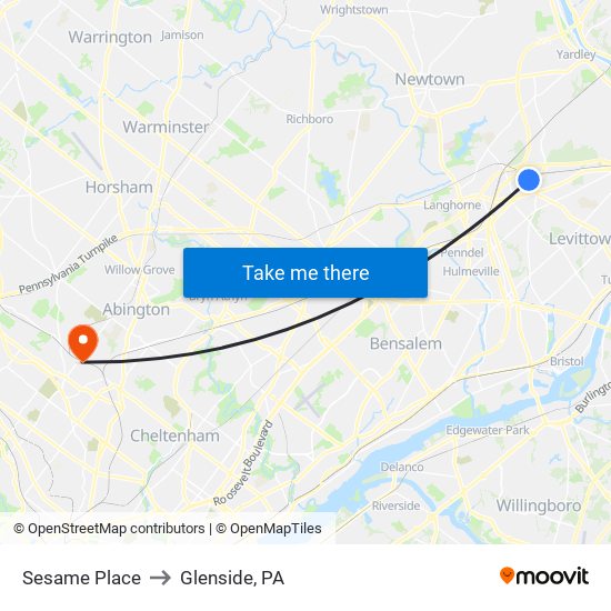 Sesame Place to Glenside, PA map
