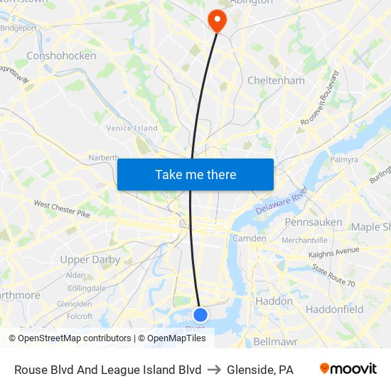 Rouse Blvd And League Island Blvd to Glenside, PA map