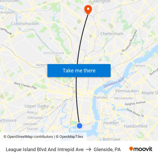 League Island Blvd And Intrepid Ave to Glenside, PA map