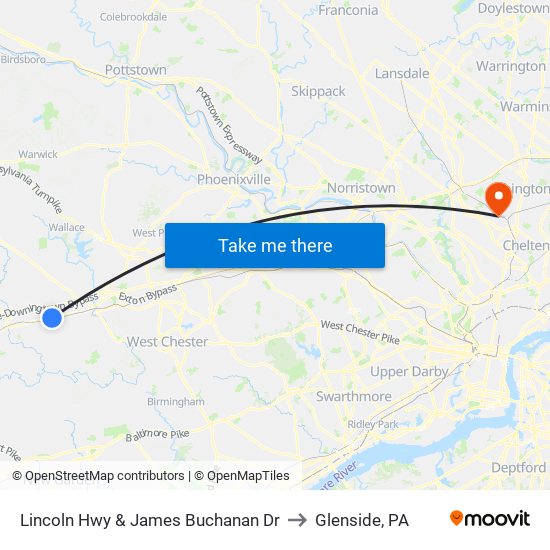 Lincoln Hwy & James Buchanan Dr to Glenside, PA map