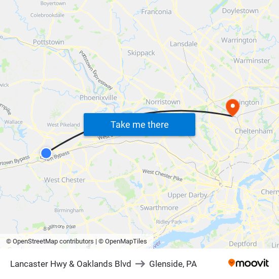 Lancaster Hwy & Oaklands Blvd to Glenside, PA map