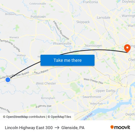 Lincoln Highway East 300 to Glenside, PA map