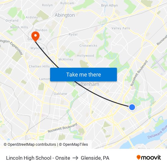 Lincoln High School - Onsite to Glenside, PA map