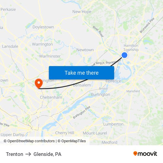 Trenton to Glenside, PA map