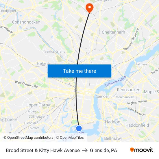 Broad Street & Kitty Hawk Avenue to Glenside, PA map