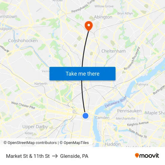 Market St & 11th St to Glenside, PA map
