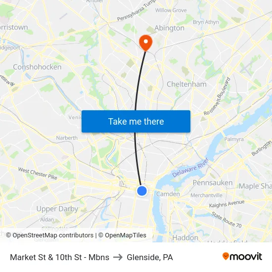 Market St & 10th St  - Mbns to Glenside, PA map