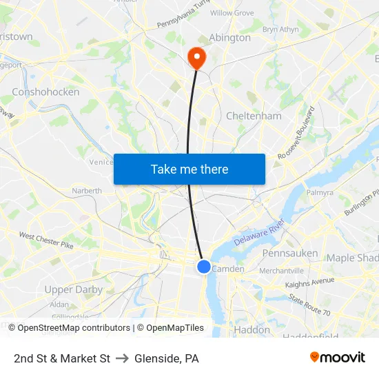 2nd St & Market St to Glenside, PA map