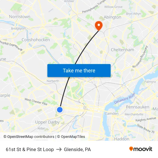 61st St & Pine St Loop to Glenside, PA map