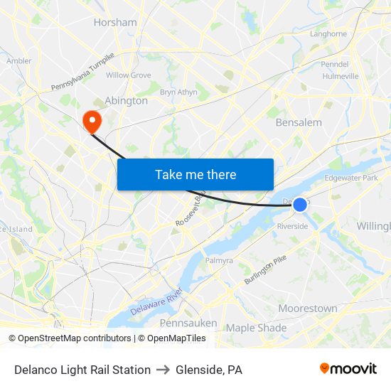 Delanco Light Rail Station to Glenside, PA map