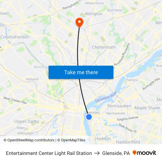 Entertainment Center Light Rail Station to Glenside, PA map