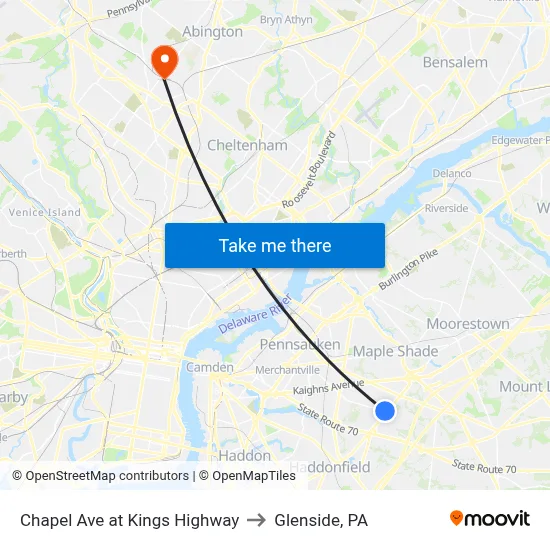 Chapel Ave at Kings Highway to Glenside, PA map