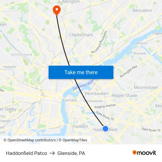 Haddonfield Patco to Glenside, PA map