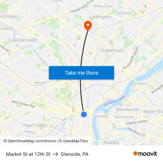 Market St at 12th St to Glenside, PA map