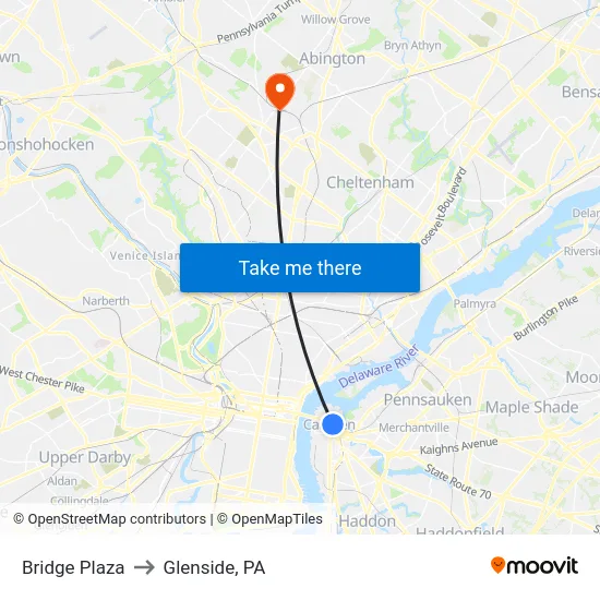 Bridge Plaza to Glenside, PA map