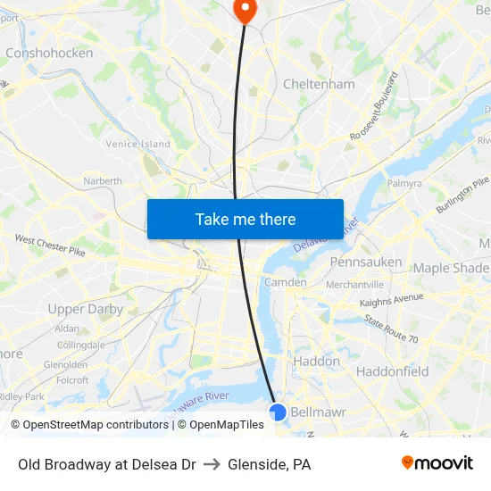 Old Broadway at Delsea Dr to Glenside, PA map