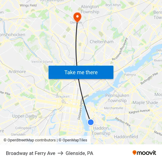 Broadway at Ferry Ave to Glenside, PA map